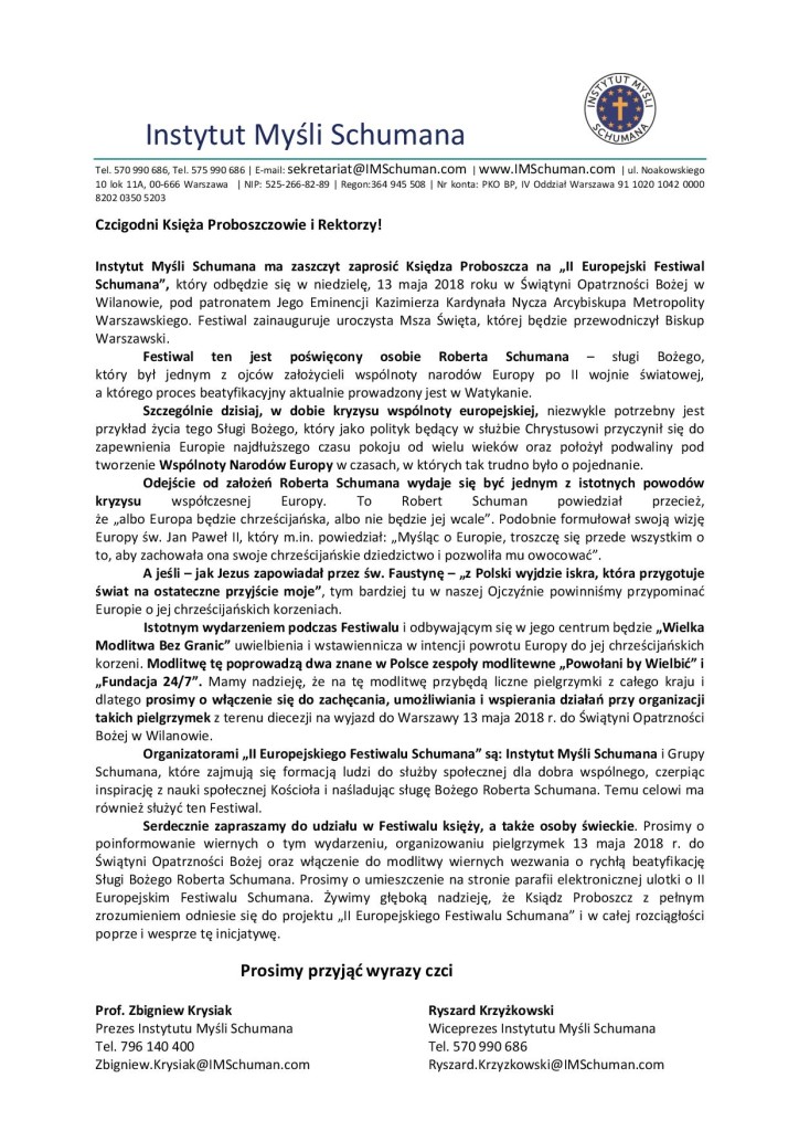 II Europejski Festiwal Schumana List do Proboszcza 2018