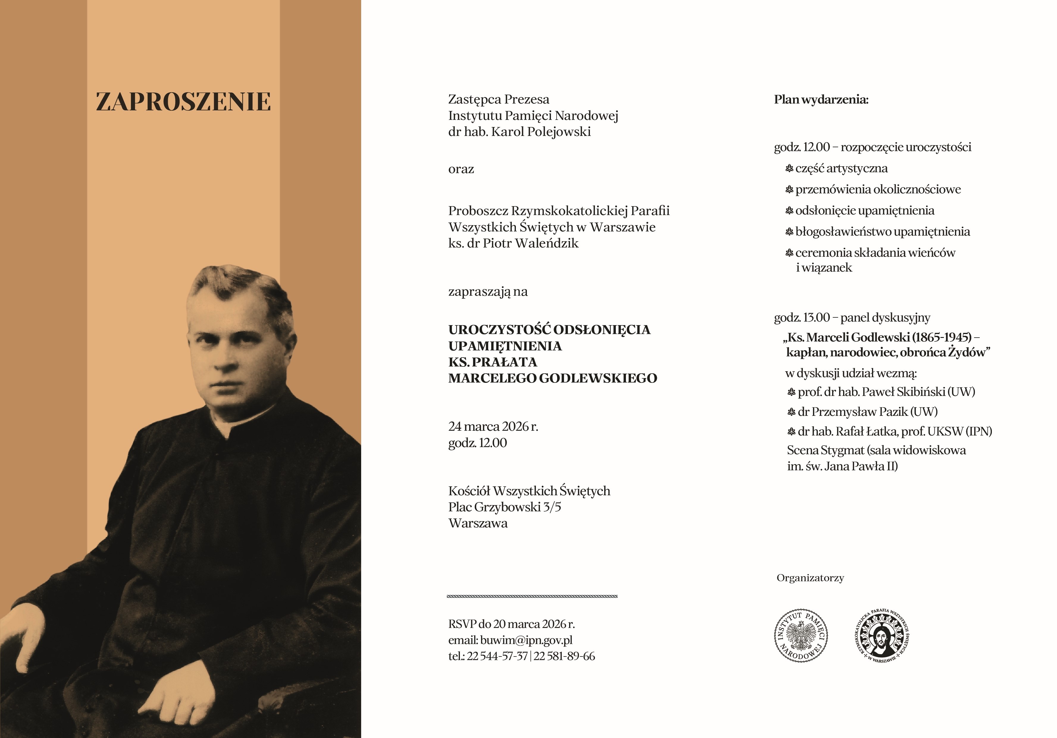 Uroczystość odsłonięcia upamiętnienia ks.prałata Marcelego Godlewskiego – 24 marca, 12:00